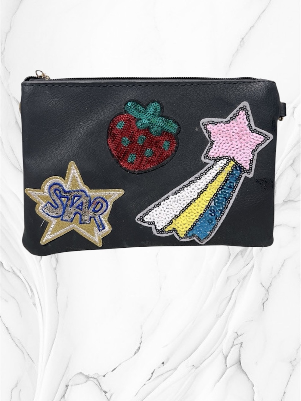 Black Clutch with sequin strawberry star patches Faux Leather zipper closure
